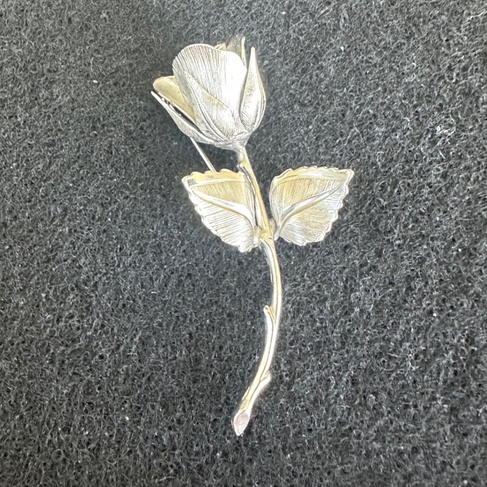 Vintage Giovanni Silver Tone Rose Brooch Long Stem Floral Pin Mid Century EUC